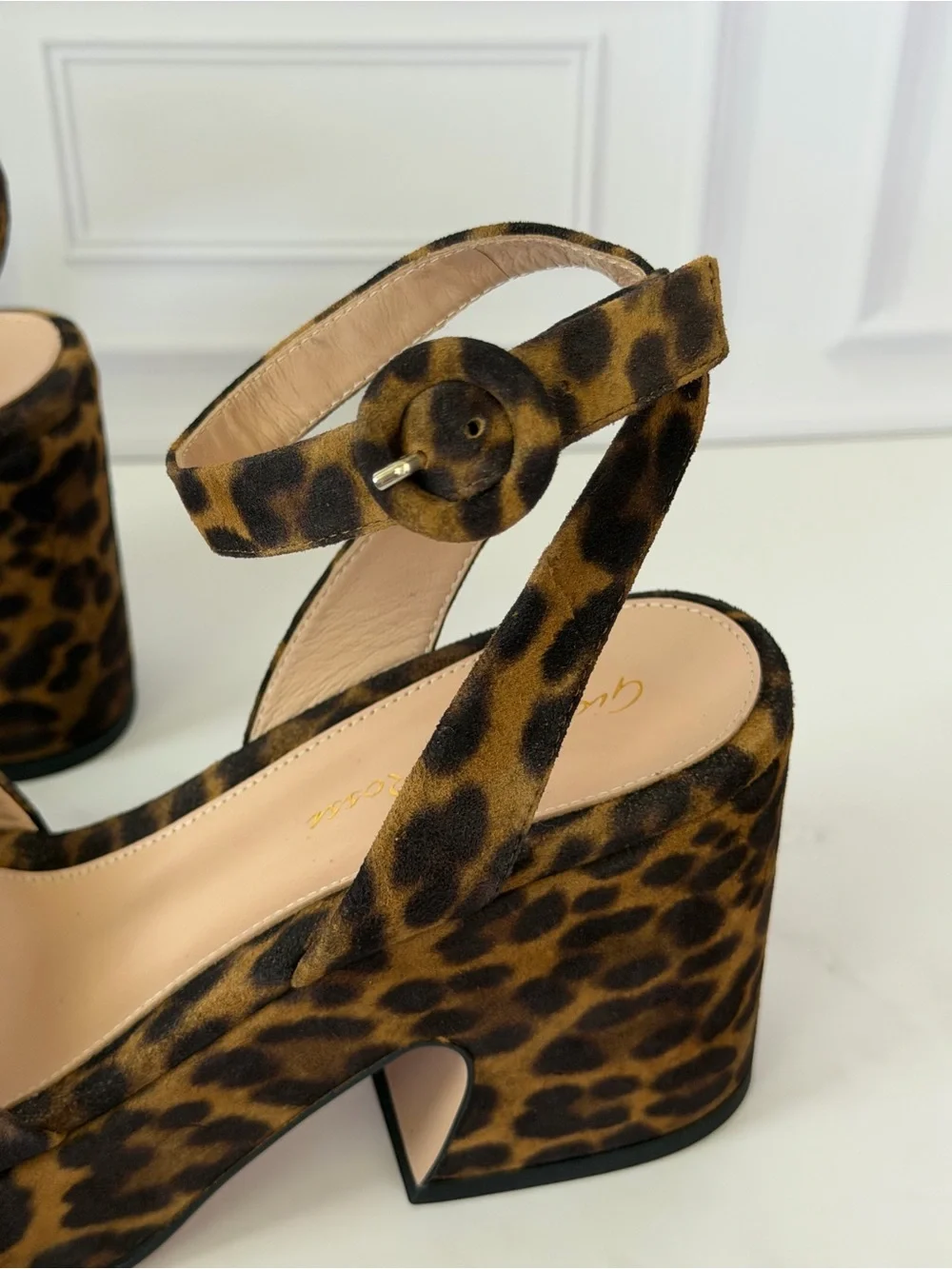 Gianvito Rossi Alma Leopard Print Platform Sandals Ankle Strap Block Heel 36.5